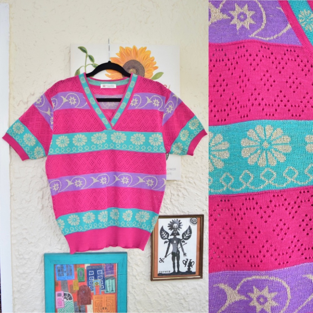 80s pink purple teal floral sun funky short sleeve sweater (M)